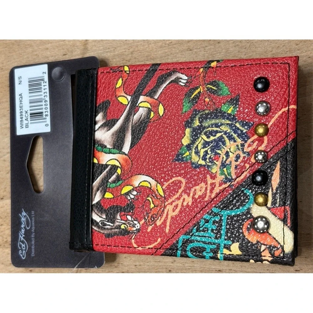 New Ed Hardy Men's Bifold Wallet Red Faux Leather Panther Dragon Heart Tattoo